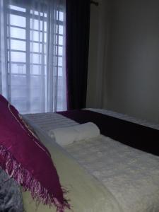a bedroom with a bed with purple pillows and a window at Beijing Nest in Syokimau