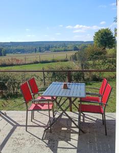 a picnic table with four chairs and a table with a view at Gîte rural indépendant in Barbaste