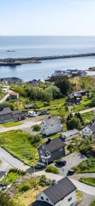 an aerial view of a town with houses and the ocean at Sivi`s hus in Moskenes