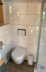 a white bathroom with a toilet and a shower at Glamping im Tiny House - nahe Dresden in Freital