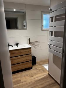 a bathroom with a sink and a mirror at La Terrette in Vagnas +13 photos