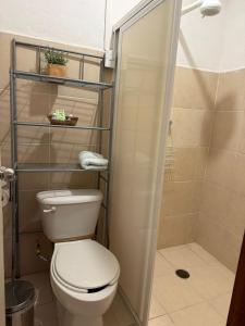 a bathroom with a toilet and a shower at Calakmul Otoch Béek in Chicanna +41 photos