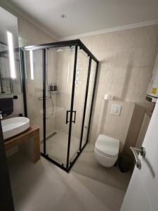 a bathroom with a shower and a toilet and a sink at Bella Mela 2 in Tuzla +12 photos