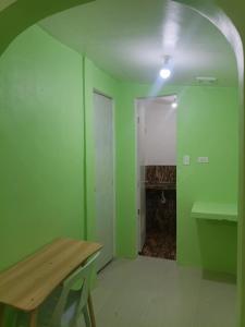 a green room with a table and a fireplace at Green Pod 2 - Surigao City in Surigao