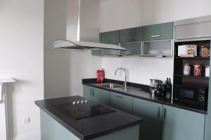 a kitchen with a sink and a counter top at Stunning Seafront Apartment in Aberystwyth +31 photos