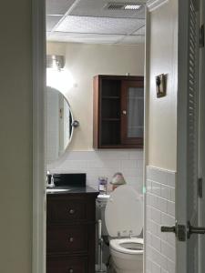 a bathroom with a toilet and a sink and a mirror at Clearwater Beach Getaway Clearwater in Clearwater