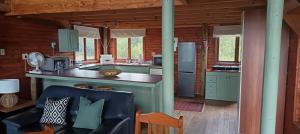 a kitchen with green cabinets and a counter top at Vaalkop Dam Reserve Log Cabin, Self-Catering, Beestekraal in Beestekraal