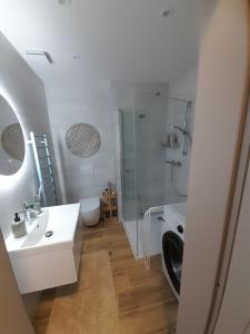 a white bathroom with a sink and a shower at Apt 415 Svit in Jezersko +14 photos