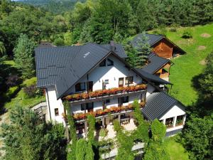 an aerial view of a house with flowers on it at Pensiunea Mugur De Fluier in Vama