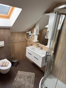 a bathroom with a toilet and a sink and a shower at B&B Millenium House 2 in Jezerce +42 photos