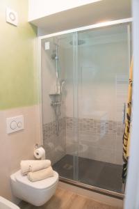 a bathroom with a shower and a toilet with towels at Cernobbio Apartment in Cernobbio