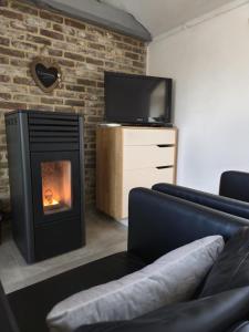 a living room with a fireplace and a tv at Haillodge-gîte nature in Ohey