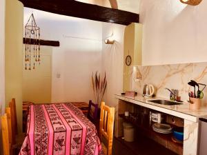 a kitchen with a table and a sink in a room at Las Pircas Apartamentos - Centro de Cafayate in Cafayate +25 photos