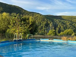 a swimming pool with a mountain in the background at Котедж в ГОРАХ in Solochyn +44 photos