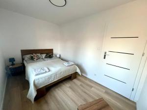 a small bedroom with a bed and a closet at Campus Biebrza - apartamenty biebrzańskie in Osowiec