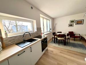 a kitchen and dining room with a table and a window at Campus Biebrza - apartamenty biebrzańskie in Osowiec