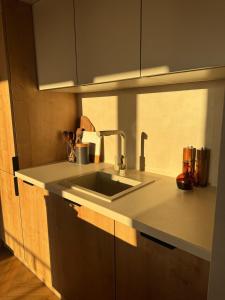 a kitchen with a sink and a counter top at BonjourApart in Łódź