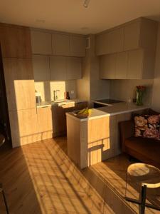 a kitchen and living room with a couch and a table at BonjourApart in Łódź