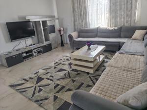 a living room with a couch and a tv at Ariona apartment in Draç
