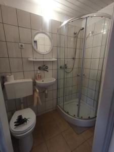 a bathroom with a shower and a toilet and a sink at Dom Turysty Sanok in Sanok +37 photos