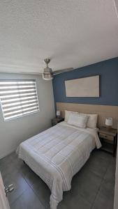 a bedroom with a large bed with a blue wall at Acogedora Casa in El Sauzal