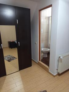 ein Badezimmer mit Toilette und einem schwarzen Schrank in der Unterkunft LaCoco in Buşteni