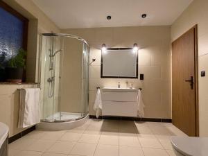 a bathroom with a shower and a sink at Klakierówka in Piechowice +38 photos