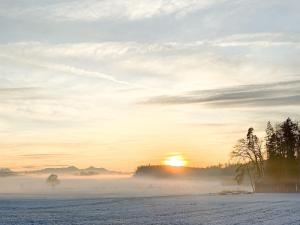 a misty sunrise in a field with the sun in the background at Individual room surrounded by nature in Sankt Georgen bei Salzburg