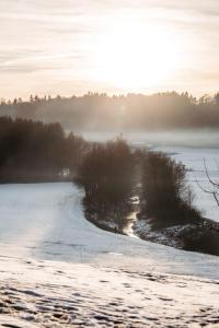 a snow covered river with the sun rising in the background at Individual room surrounded by nature in Sankt Georgen bei Salzburg +7 photos