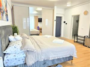 a bedroom with a bed and a large mirror at Mountain View Studio in Piatra Neamţ