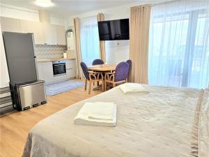 a bedroom with a large bed and a table with chairs at Mountain View Studio in Piatra Neamţ