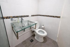 a bathroom with a toilet and a glass sink at Ana Rent II Departamento Moderno ,equipado en San Isidro cerca de Tigre River y Tecnopolis in Boulogne +13 photos