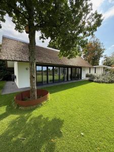 a house with a tree in the middle of a yard at Guesthouse 'Elements' with panoramic views in Bergen