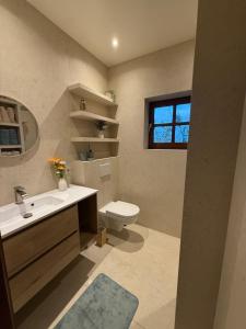a bathroom with a sink and a toilet and a window at Ons Heerens Boompje in Poperinge