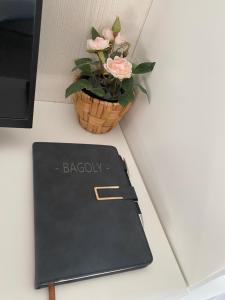 a notebook with a flower pot on a desk at Bagoly in Fertőrákos