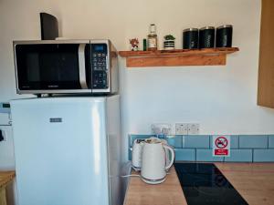 a microwave on top of a refrigerator in a kitchen at Half Pint in Tain +7 photos