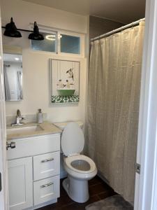 a bathroom with a toilet and a sink and a shower at Yellow Gate Executive Retreat in San Jose