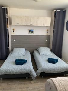 two beds in a room with blue pillows on them at Charmant appartement cosy in Rochefort