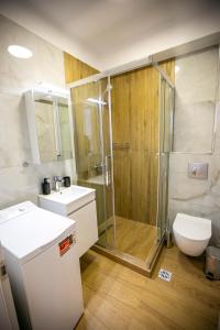 a bathroom with a shower and a toilet and a sink at Green Almond D1 in Orfánion +15 photos