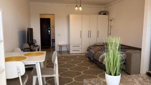 a bedroom with a bed and a table and a table and chairs at Fantastic Cozy Studio in Sînpetru