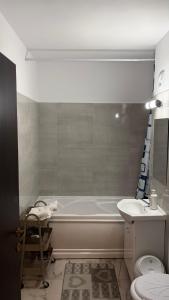 a bathroom with a tub and a toilet and a sink at Fantastic Cozy Studio in Sînpetru