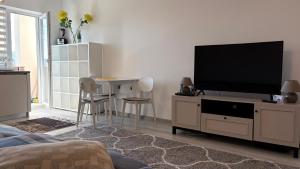 a living room with a flat screen tv on a dresser at Fantastic Cozy Studio in Sînpetru