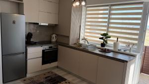 a kitchen with a white refrigerator and a window at Fantastic Cozy Studio in Sînpetru +1 photo