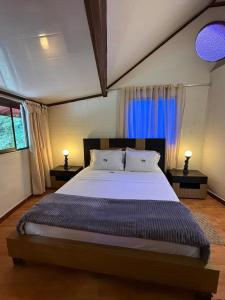 a bedroom with a large bed with blue curtains at Los Pinos EcoHotel in Villa Restrepo +26 photos