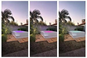 three pictures of a bath tub in a yard at El descanso in Ramallo