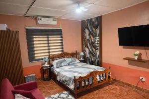 a bedroom with a bed and a flat screen tv at Ethlyn House in Bocas Town