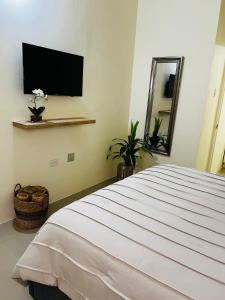 a bedroom with a bed and a flat screen tv at Escape Beloved in Florence Hall