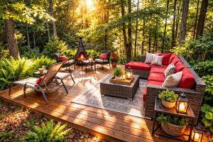 a deck with a couch and chairs and a fire place at Modern Glass House with Firepit, Views & Private Retreat in Elka Park