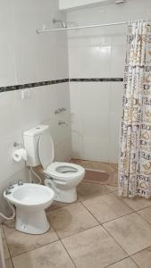 a bathroom with a toilet and a shower curtain at El Amuleto in Rivadavia