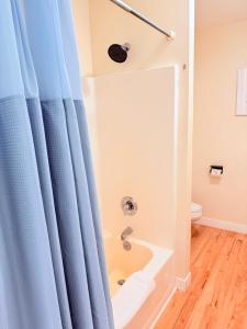 a bathroom with a shower with a blue shower curtain at The Kingsley Suites in Kingsley